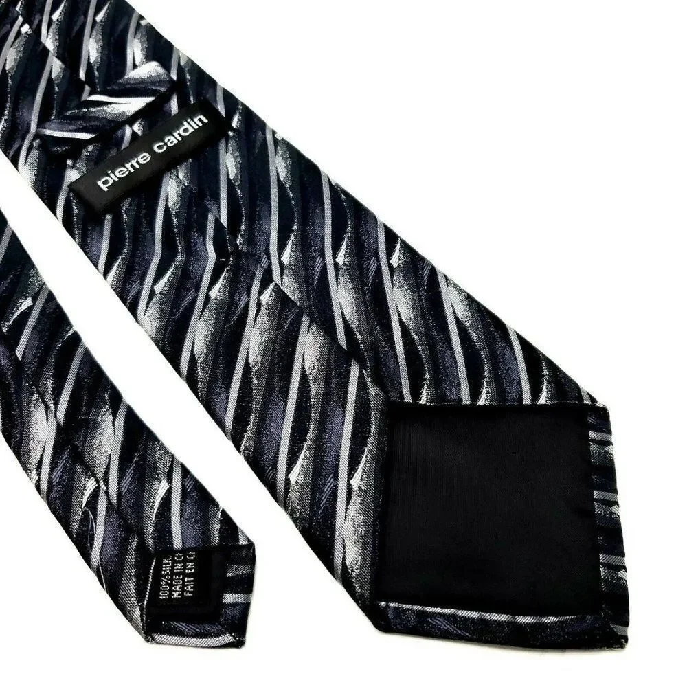 Pierre Cardin Silk‎ Tie Woven Gray Black Abstract Long